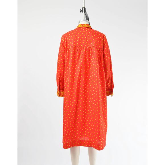 Vintage 60s Red Polka Dot Mod Collared Shift Long Sleeve Casual Smock Dress M L - Picture 4 of 8